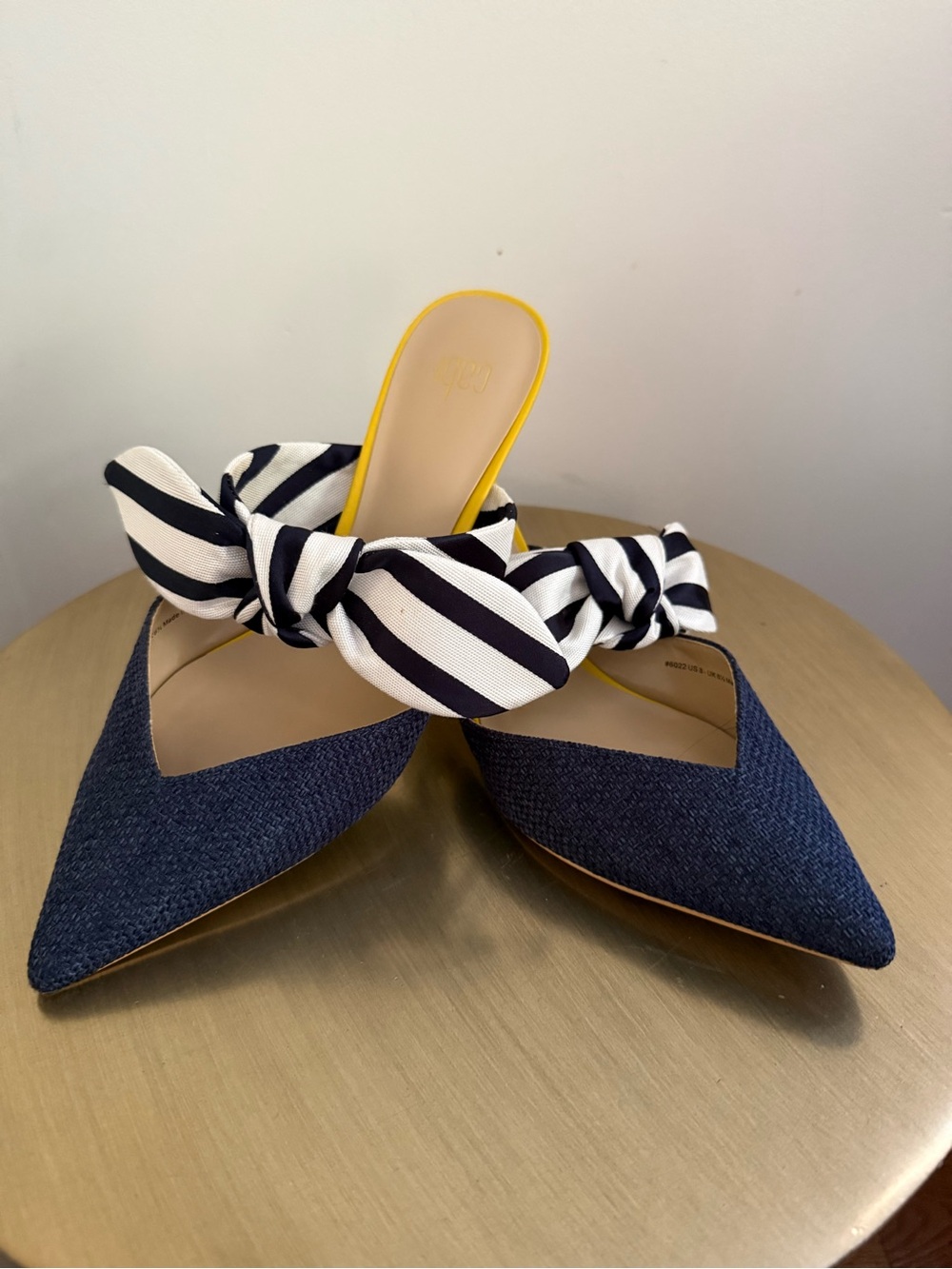 CAbi Navy Blue Pointed Toe Bow Mules with Black and White Striped Bow